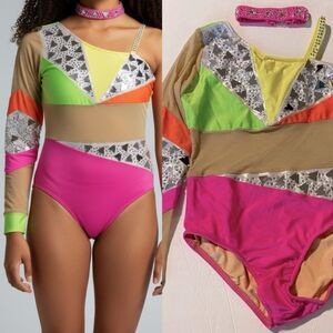 Glamour dance solo leotard costume neon color blocked bedazzled LC-large child